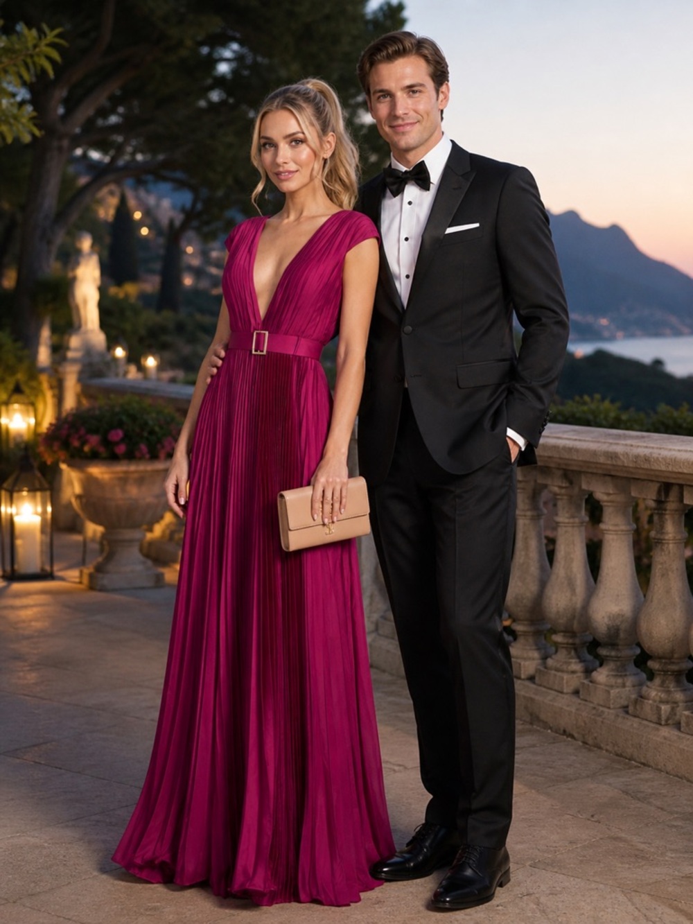NWT Ieena Mac Duggal Pleated Plunge Neck Belted Satin Raspberry Gown Sz 4